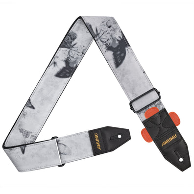 AMUMU Noir Butterfly Guitar Strap – Artistic Printed Polyester with Top-Grain Leather Ends, Quick-Fetch Pick Holder, Guitar-Friendly for Acoustic, Electric, Bass Guitars– Adjustable 36''-59'' CO38P-GW